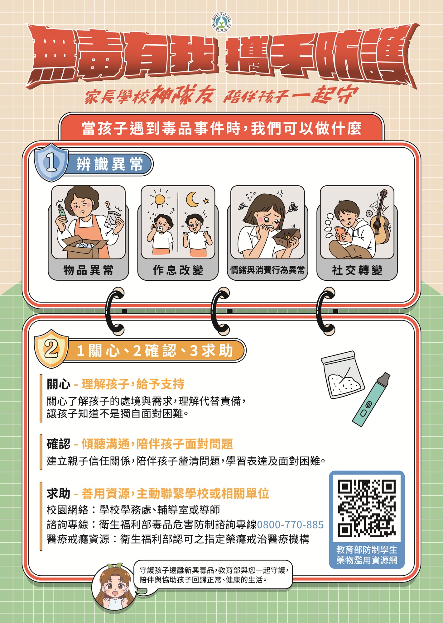 公告縮圖：轉知：教育部「無毒有我，攜手防護」及法務部「依托咪酯類毒品」宣導，提供民眾參考及運用。